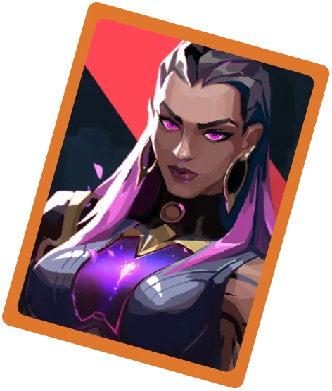 fantasy vrouwelijk personage met paarse ogen en krachtige uitstraling