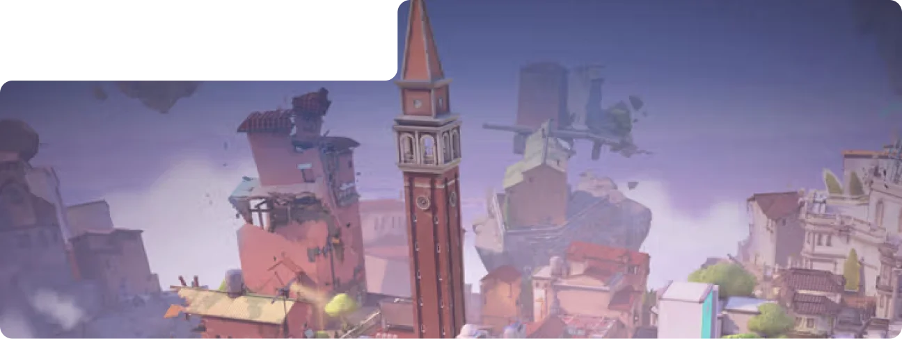 fantasy stad met zwevende gebouwen en hoge toren in lucht